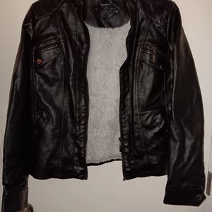 womens black leather fur JouJou jacket size large.